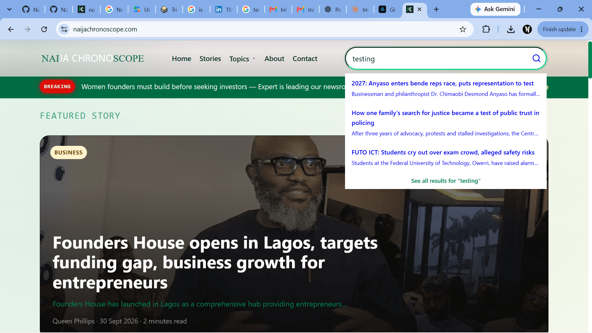 Naija Chronoscope's public homepage showing the latest stories